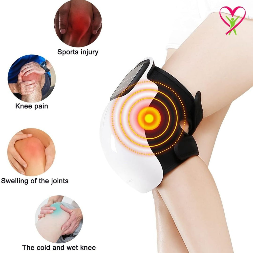 Gladiora knee massager with heating element on a leg and is used for sports injury, knee pain, swelling of joints, and cold/wet knees.