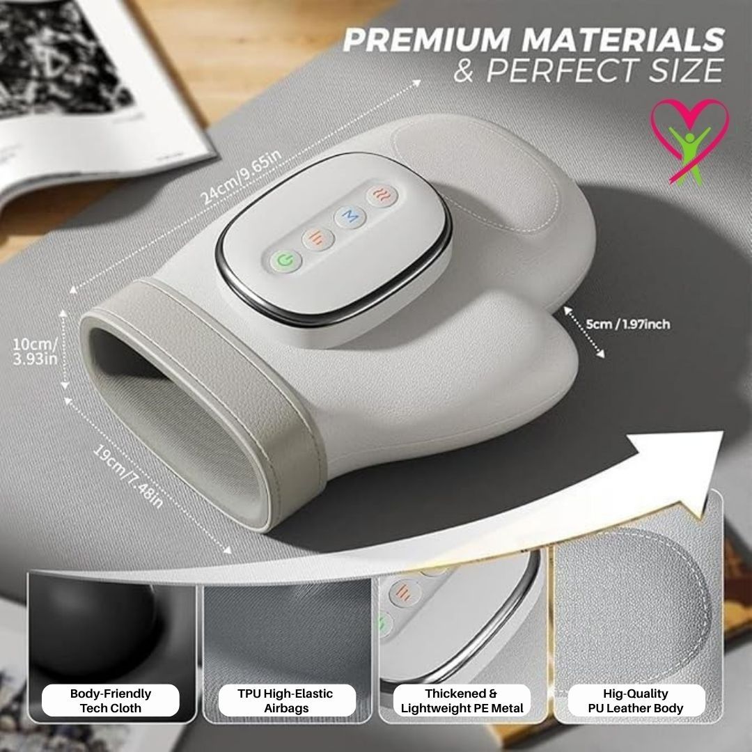 Material information and size descriptions of Gladiora Hand Massager , shown  in detail. 