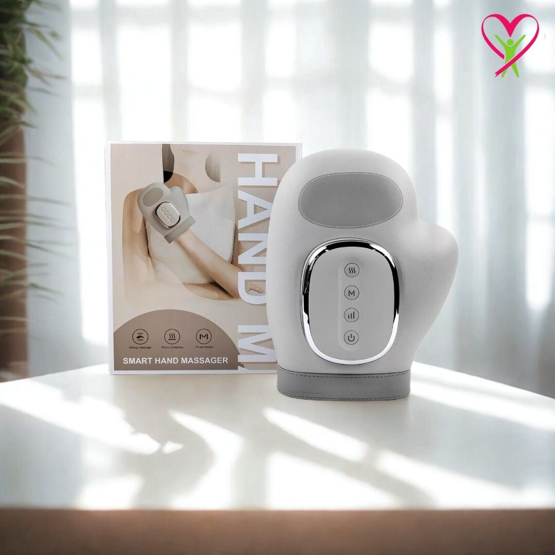 Gladiora Hand Massager next to its box, smart hand massager. ergonomic , cute design, simple use.