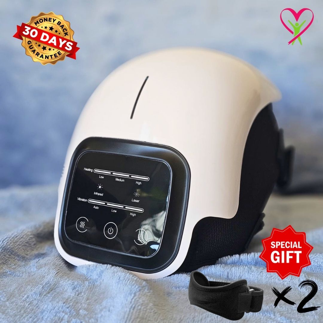 Gladiora Knee massager with control panel on a blue towel, featuring a money-back guarantee and special gift offer.