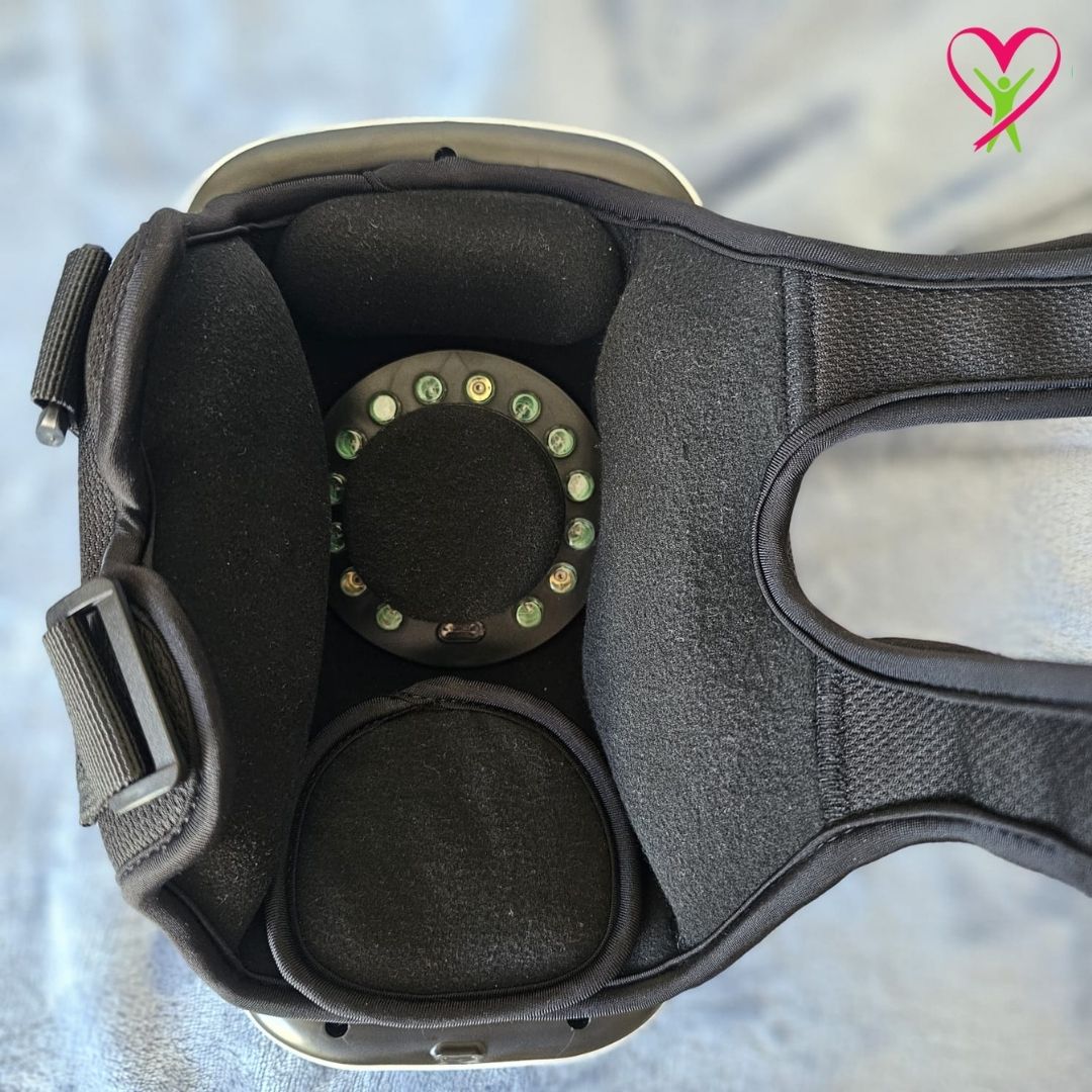 infrared light therapy and laser therapy lights, heat compartment, vibration sides on under Gladiora knee massager