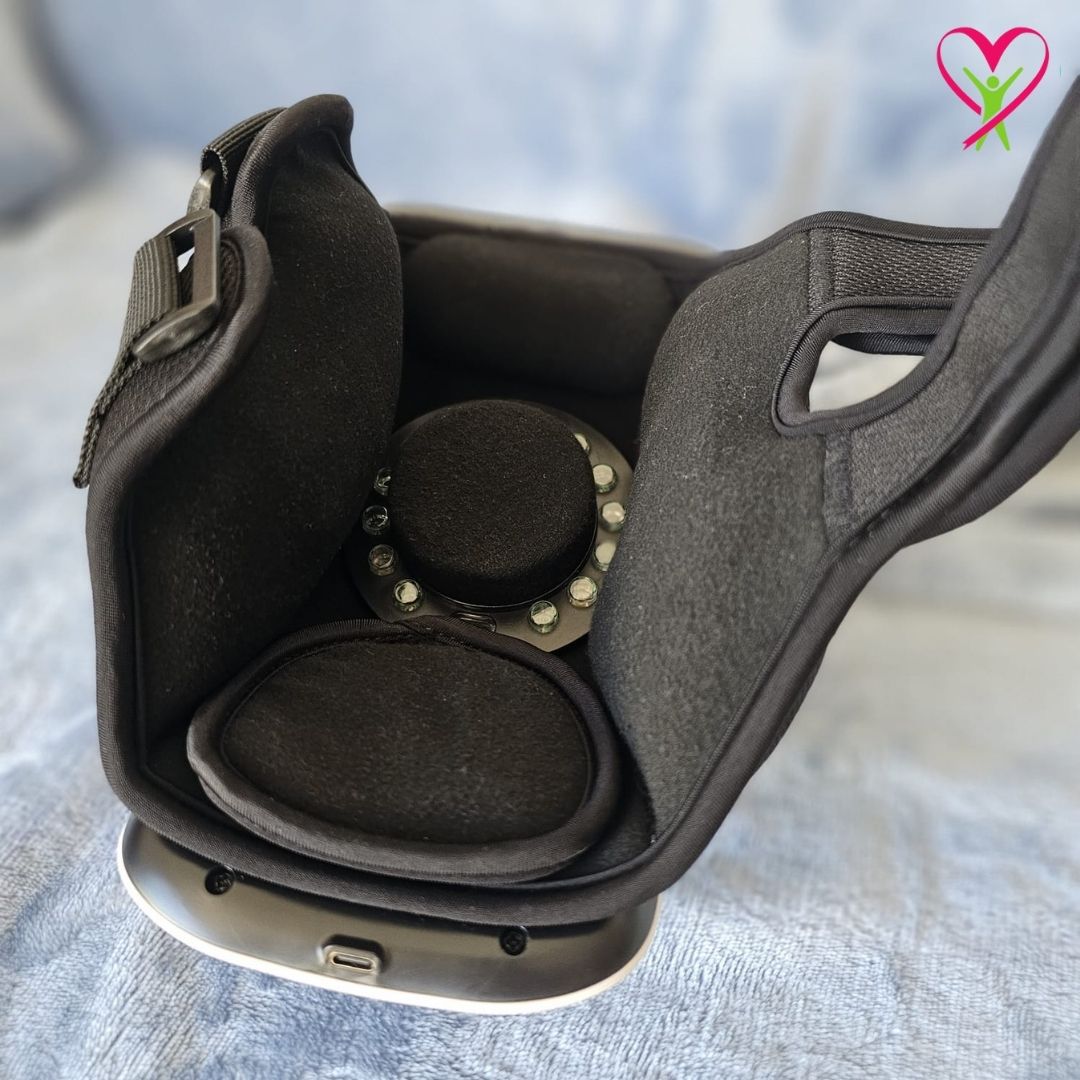 USB charging port, velcro straps, soft interior of Gladiora  knee massager. USB charging availale. reliable solution to knee pain. doctor approved