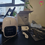 Gladiora knee massager with packaging and accessories on a table showing what comes in the box