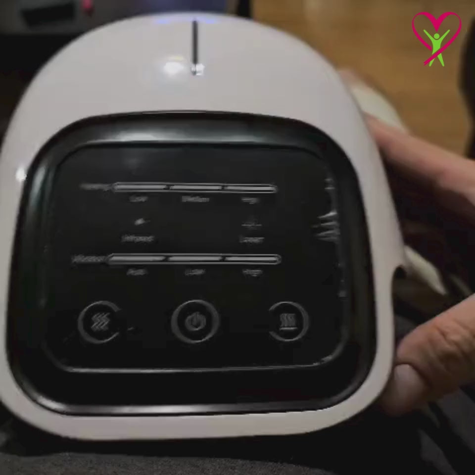Usage of Gladiora knee massager with clear descriptions and detail showing on types of 4 in 1 theraphy modes 