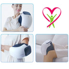 person using Gladiora knee massager on her shoulder, elbow and knee showing multiple uses of Gladiora knee massager